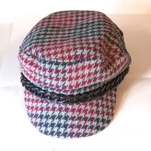 Vince Camuto Plaid Newsboy Cap Chain Detail Wool Blend Womens